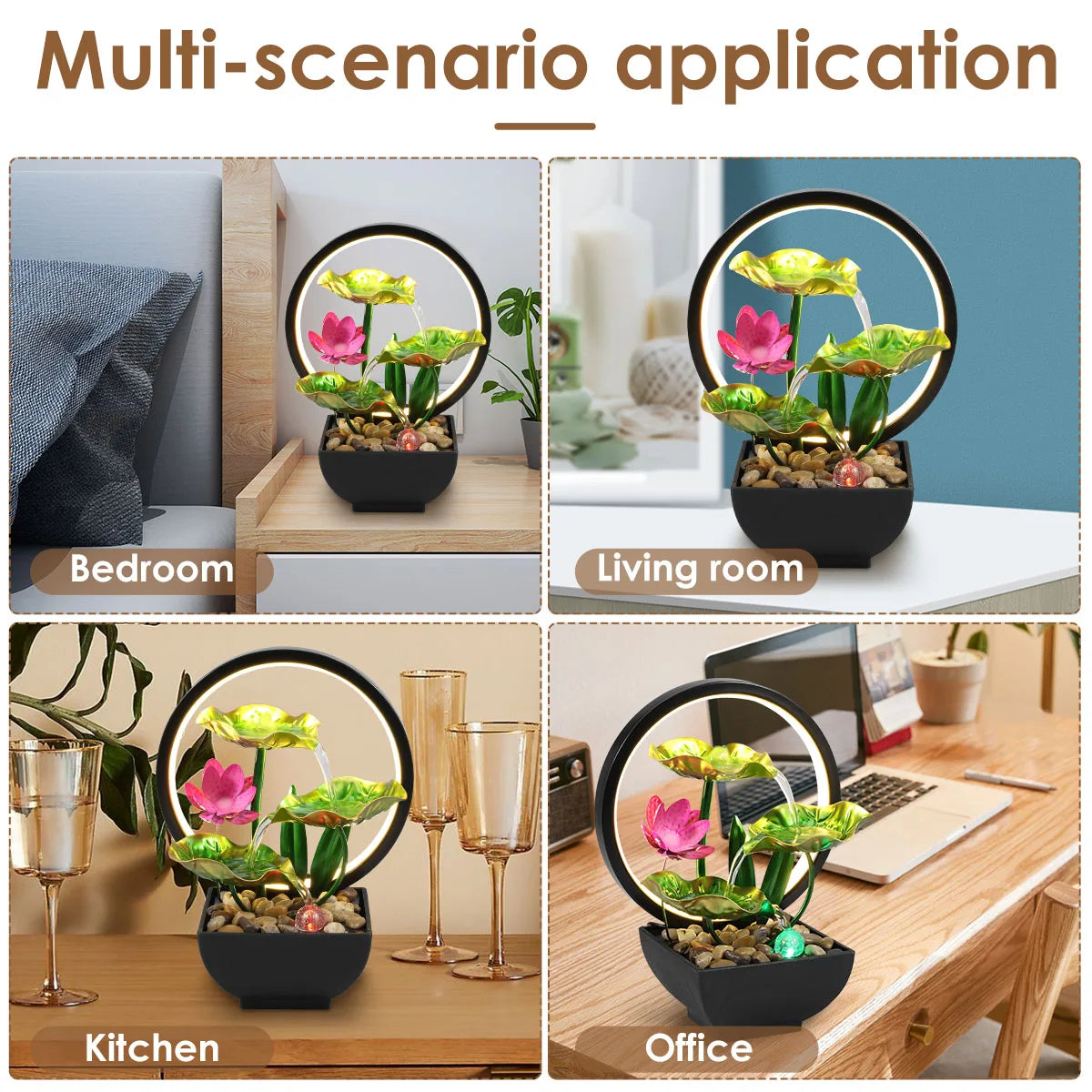 USB Tabletop Water Fountain – LED Waterfall Decor with Natural Stones