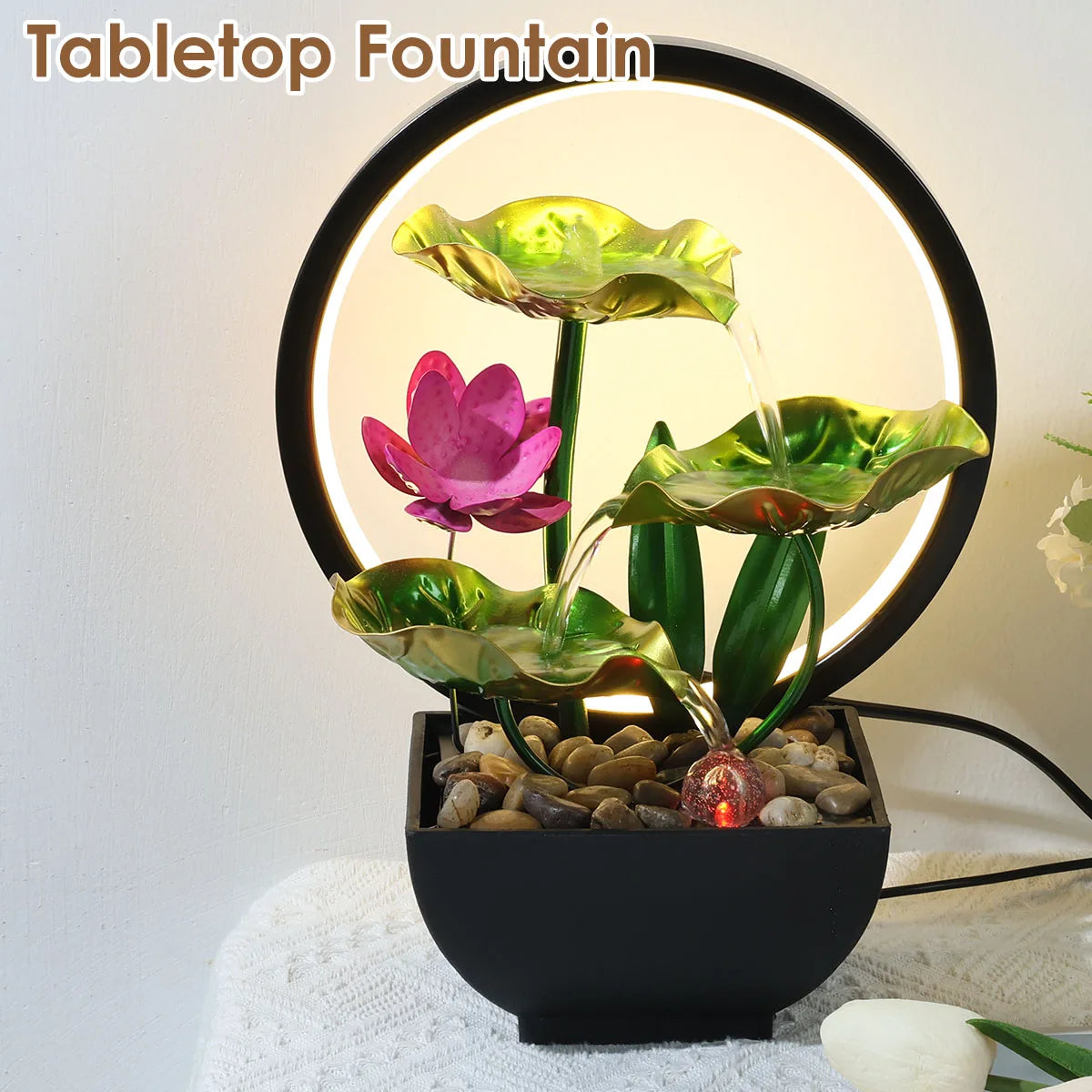 USB Tabletop Water Fountain – LED Waterfall Decor with Natural Stones