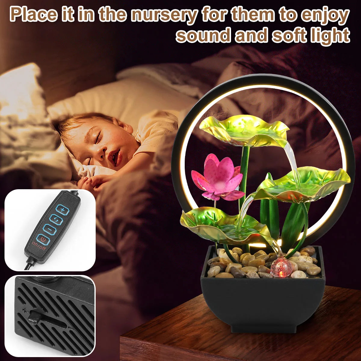 USB Tabletop Water Fountain – LED Waterfall Decor with Natural Stones