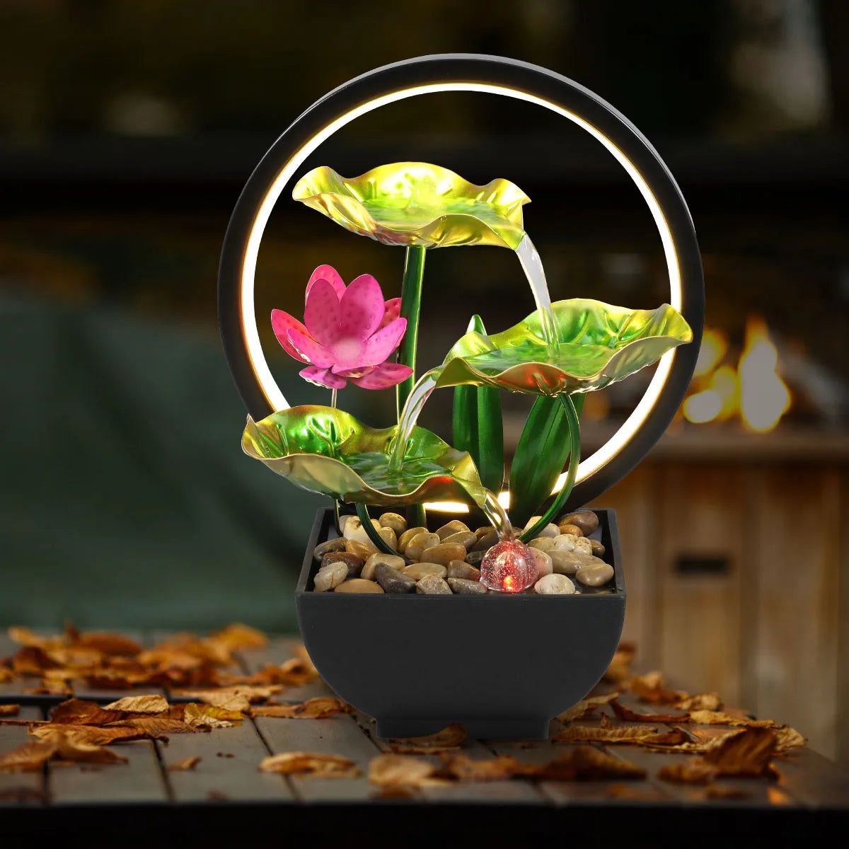 USB Tabletop Water Fountain – LED Waterfall Decor with Natural Stones